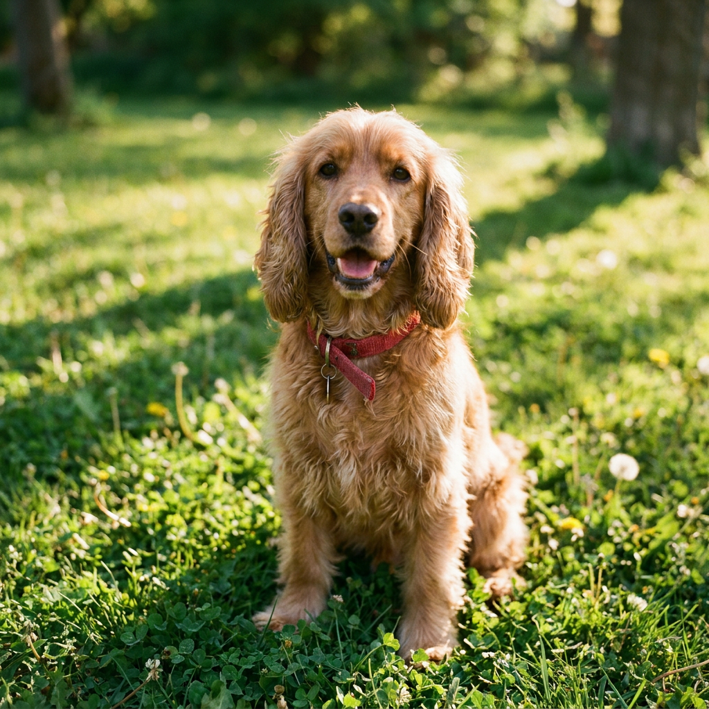 A friendly cocker spaniel in a red collar sitting on the grass