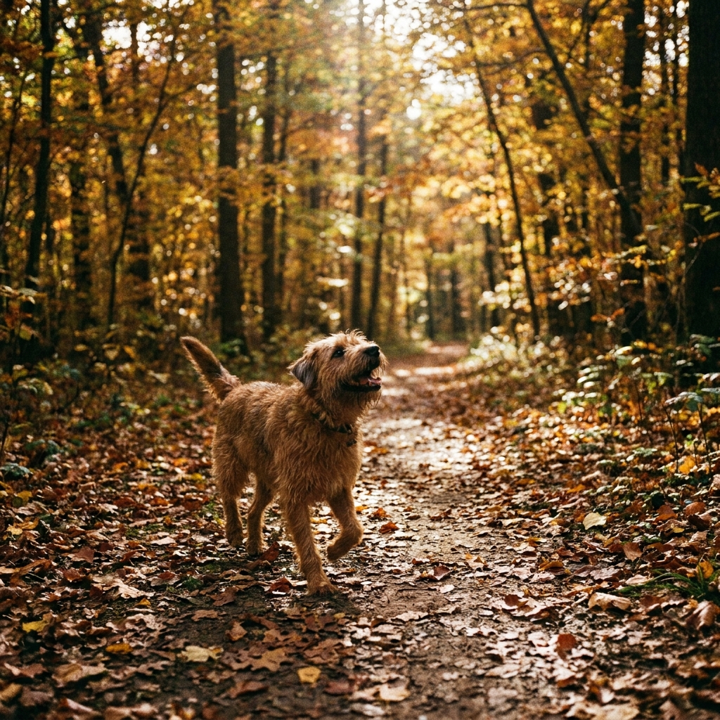 A scruffy terrier walking happily along a woodland trail