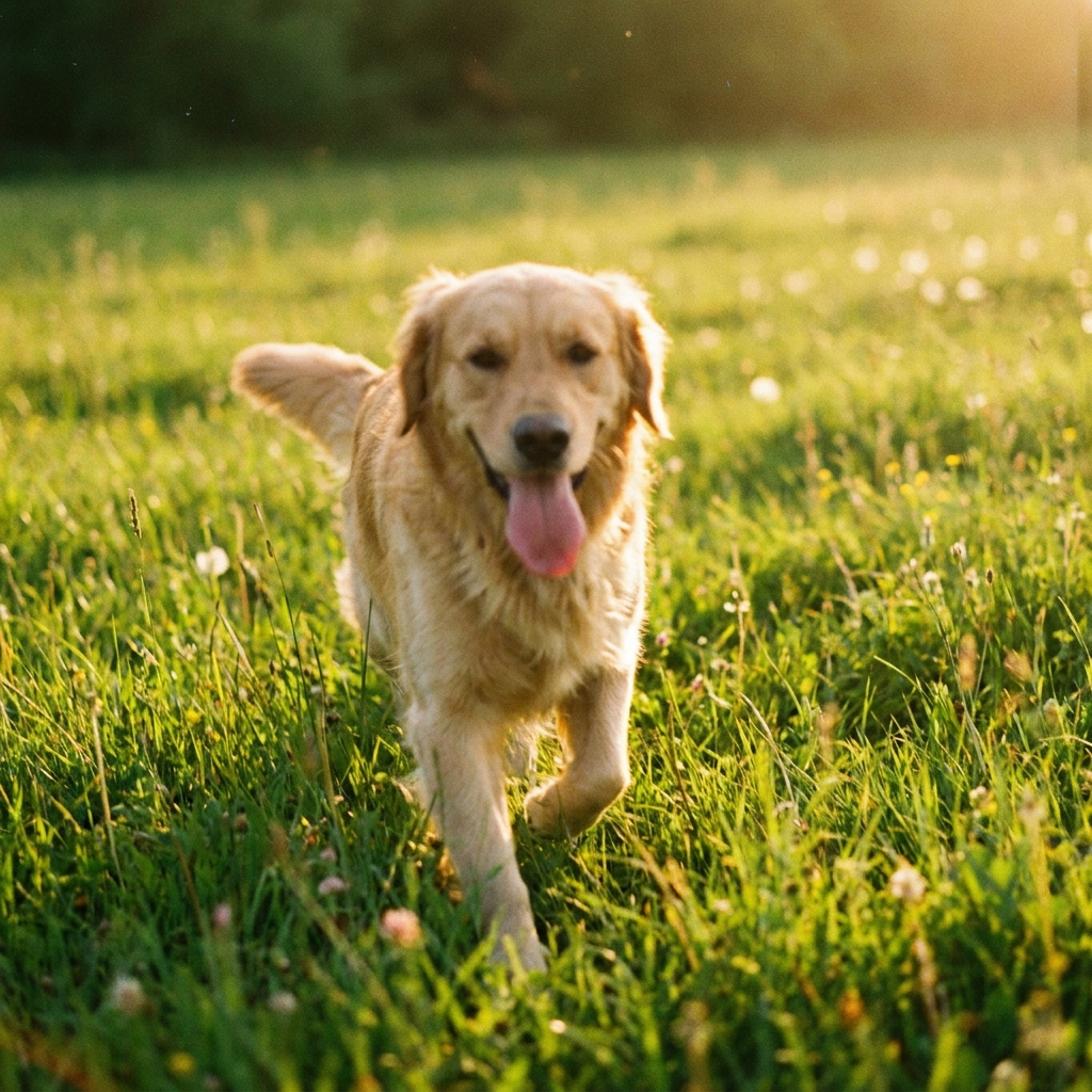 A golden retriever running happily across a sunlit meadow