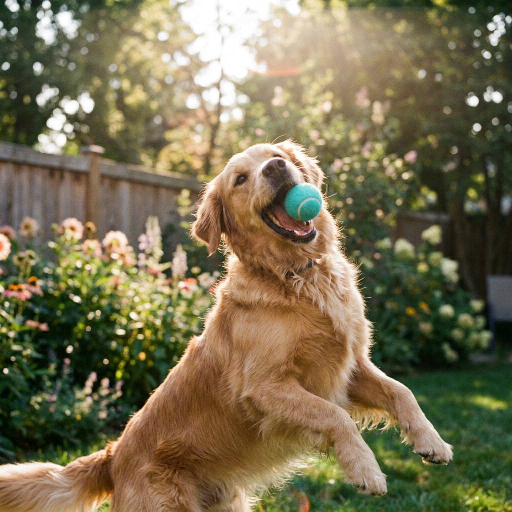 A dog leaping to catch a bright teal ball in a garden