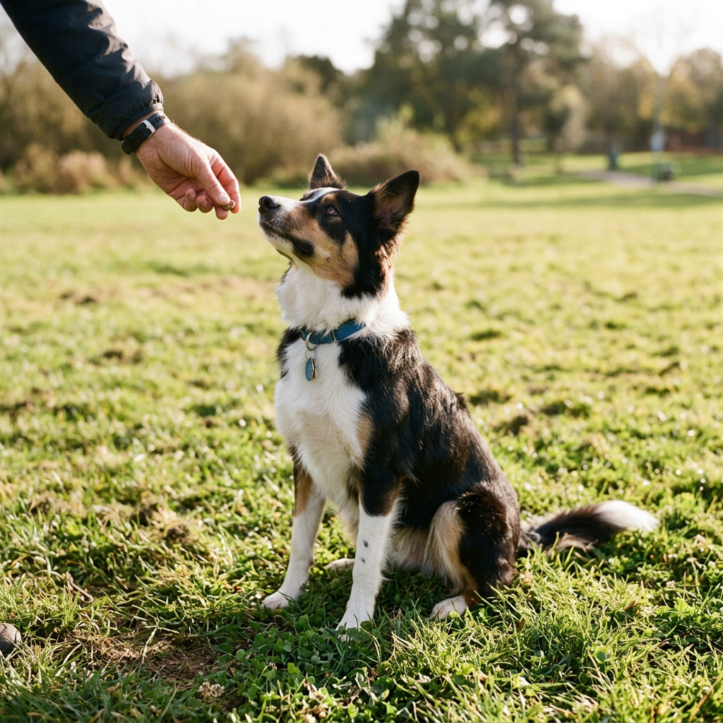 An attentive border collie focused on its trainer during a reward-based session