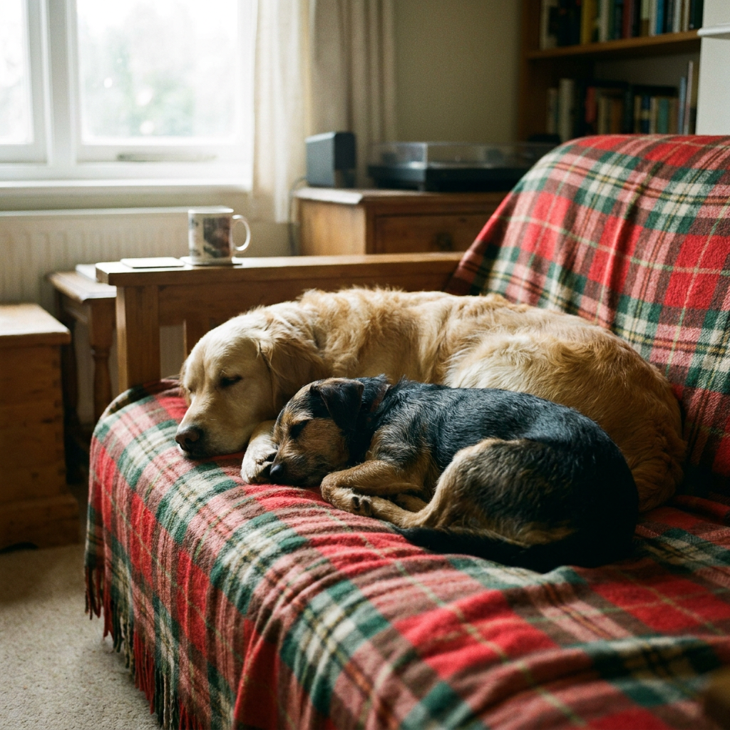 Two dogs curled up asleep together on a tartan blanket